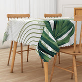 Aperturee Modern Green Leaf Tablecloth on White, for Minimalist Botanical and Scandinavian Style Kitchen Decor